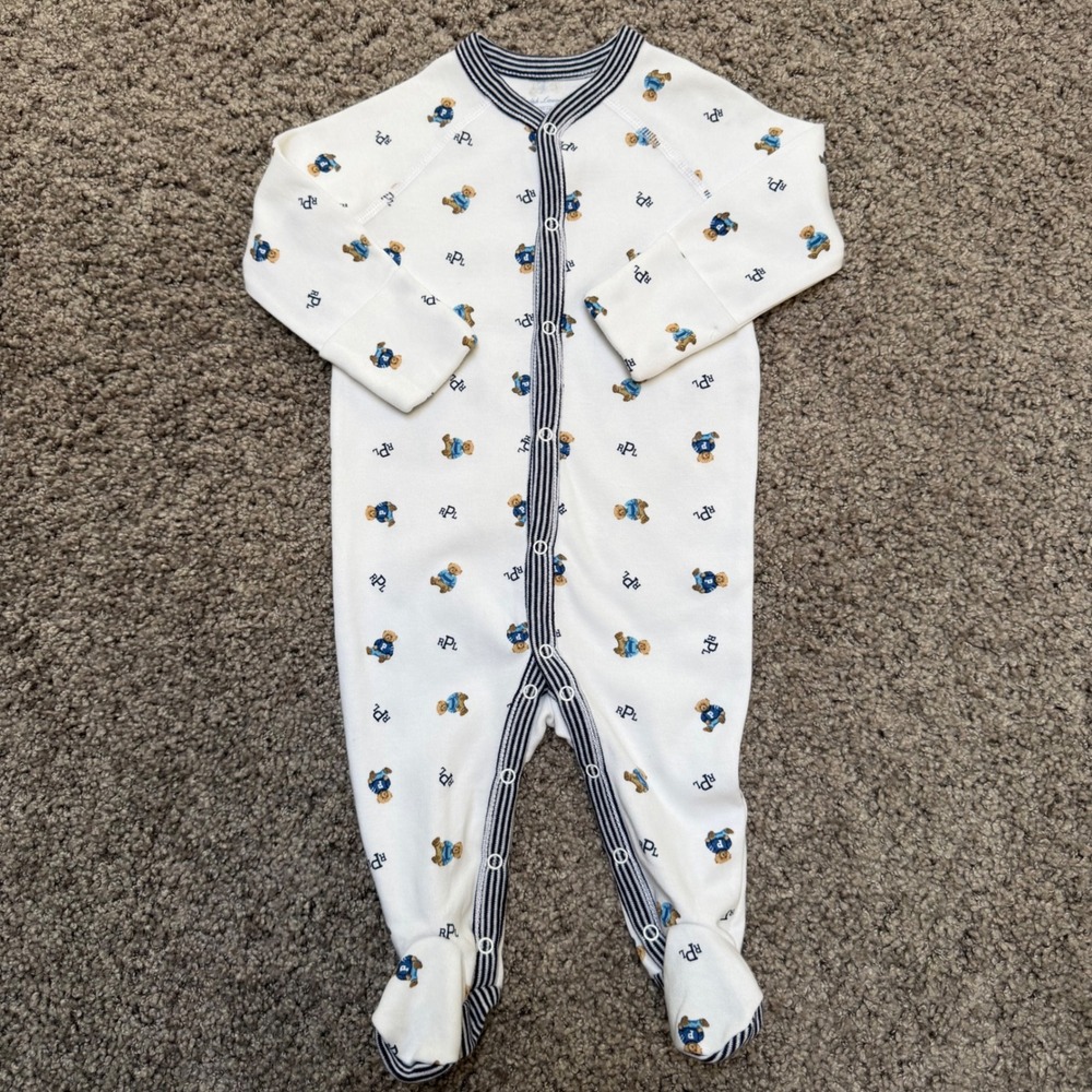 Ralph Lauren Polo Bear Footed Coverall One Piece 100% Cotton Baby 3M 3 Months
